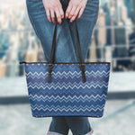 Blue Chevron Knitted Pattern Print Leather Tote Bag