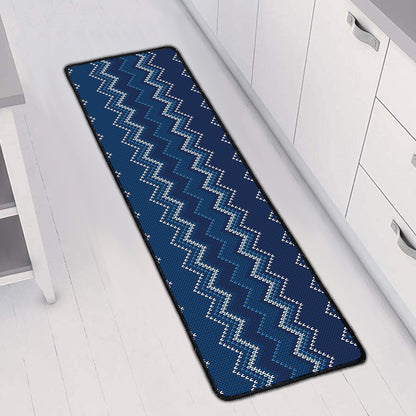 Blue Chevron Knitted Pattern Print Long Kitchen Mat