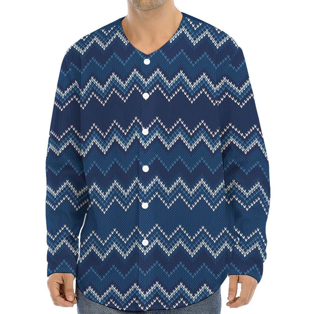 Blue Chevron Knitted Pattern Print Long Sleeve Baseball Jersey