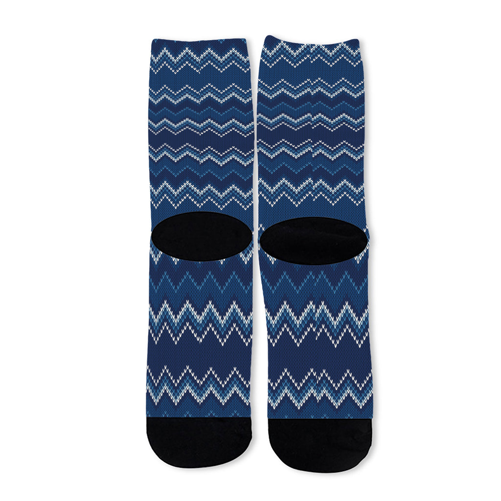 Blue Chevron Knitted Pattern Print Long Socks