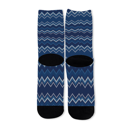 Blue Chevron Knitted Pattern Print Long Socks