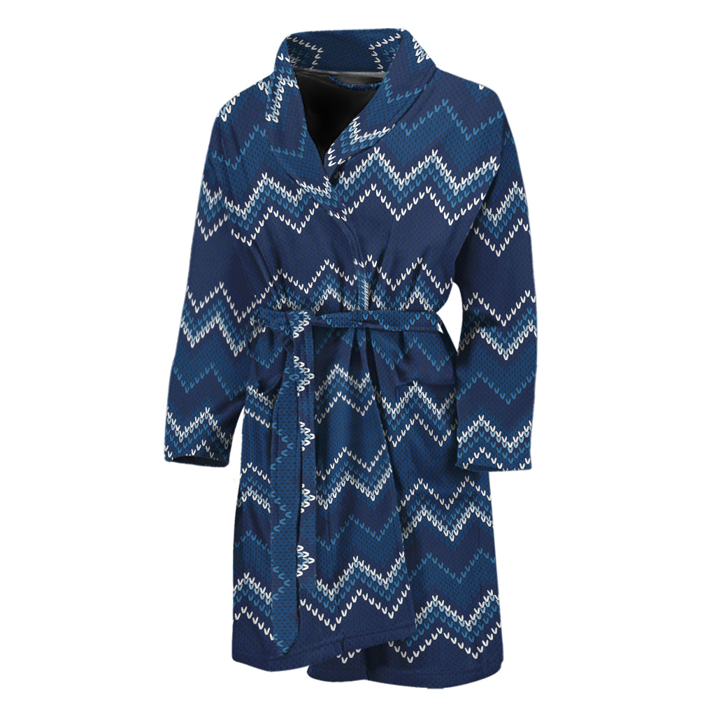 Blue Chevron Knitted Pattern Print Men's Bathrobe
