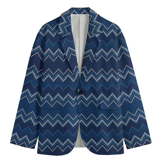 Blue Chevron Knitted Pattern Print Men's Blazer