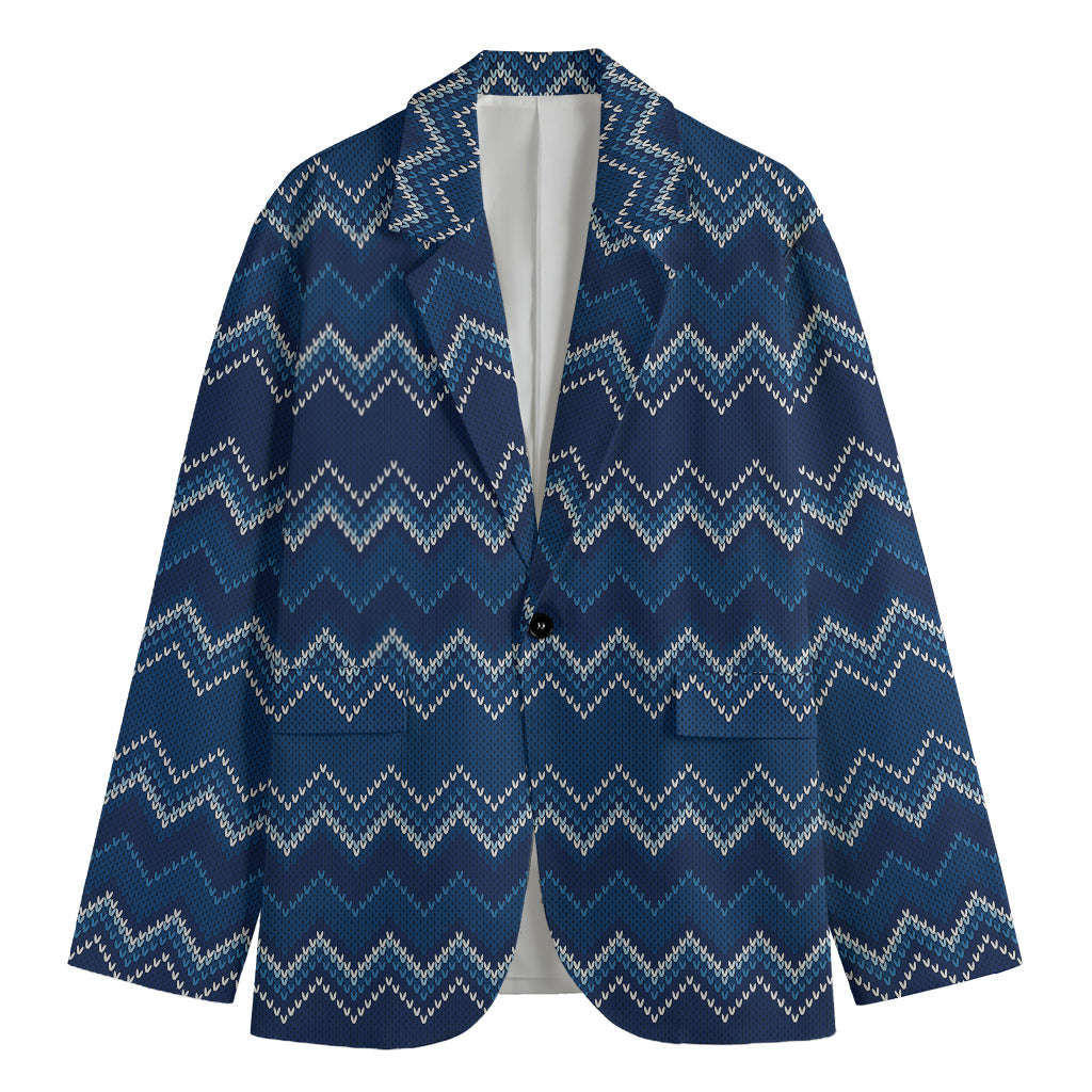 Blue Chevron Knitted Pattern Print Men's Cotton Blazer