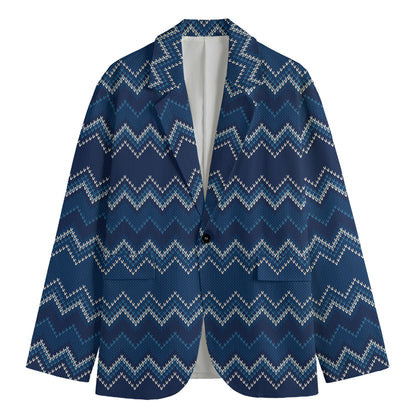 Blue Chevron Knitted Pattern Print Men's Cotton Blazer