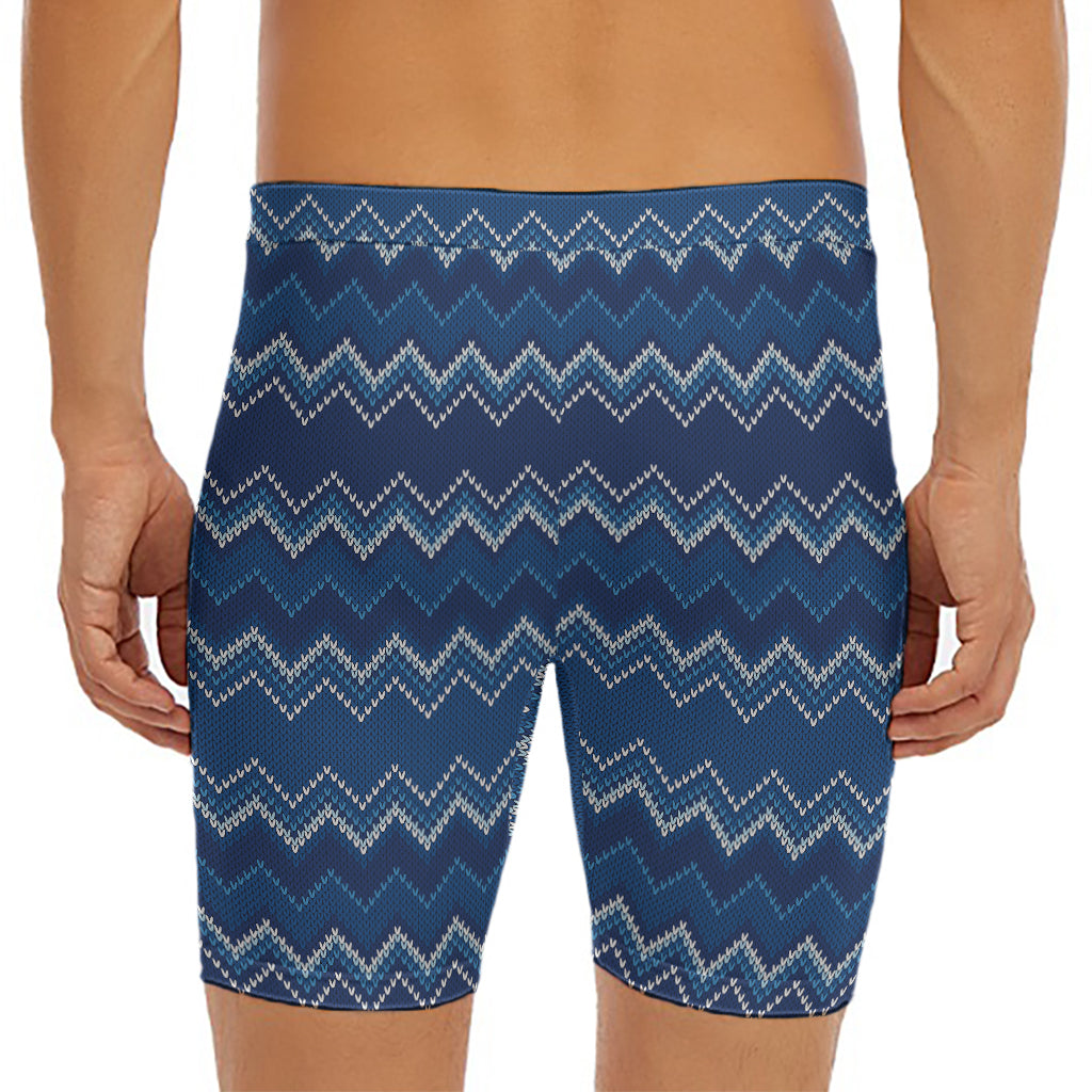 Blue Chevron Knitted Pattern Print Men's Long Boxer Briefs