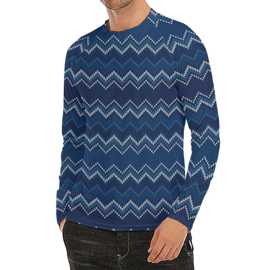 Blue Chevron Knitted Pattern Print Men's Long Sleeve Rash Guard