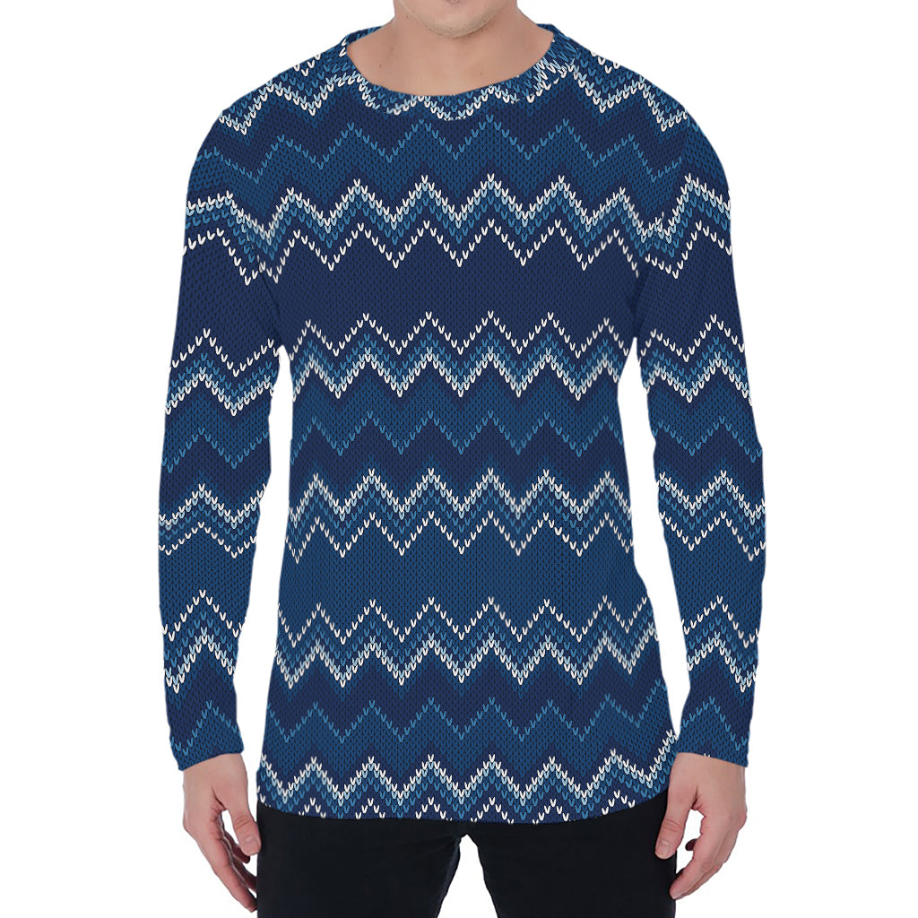 Blue Chevron Knitted Pattern Print Men's Long Sleeve T-Shirt
