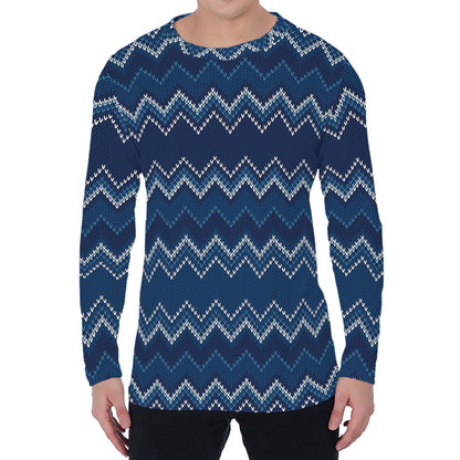 Blue Chevron Knitted Pattern Print Men's Long Sleeve T-Shirt