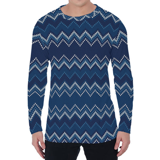 Blue Chevron Knitted Pattern Print Men's Long Sleeve T-Shirt