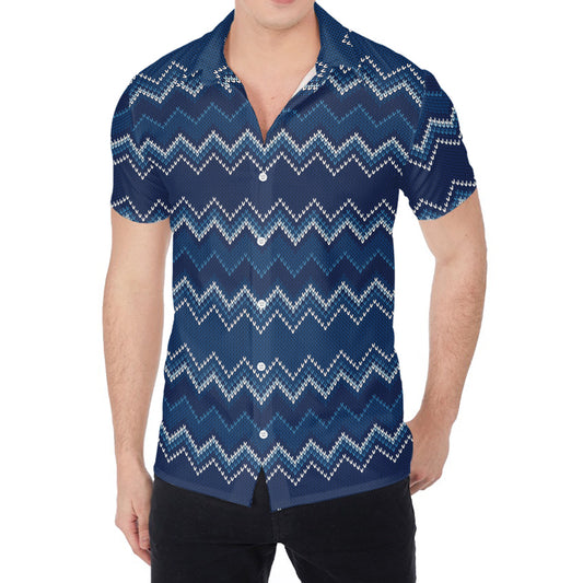 Blue Chevron Knitted Pattern Print Men's Shirt