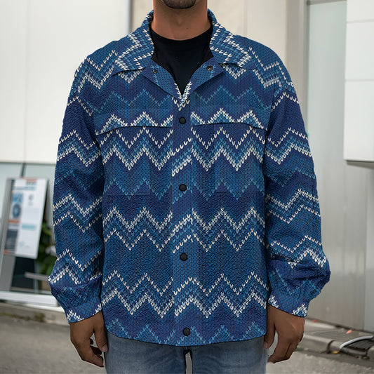 Blue Chevron Knitted Pattern Print Men's Shirt Jacket