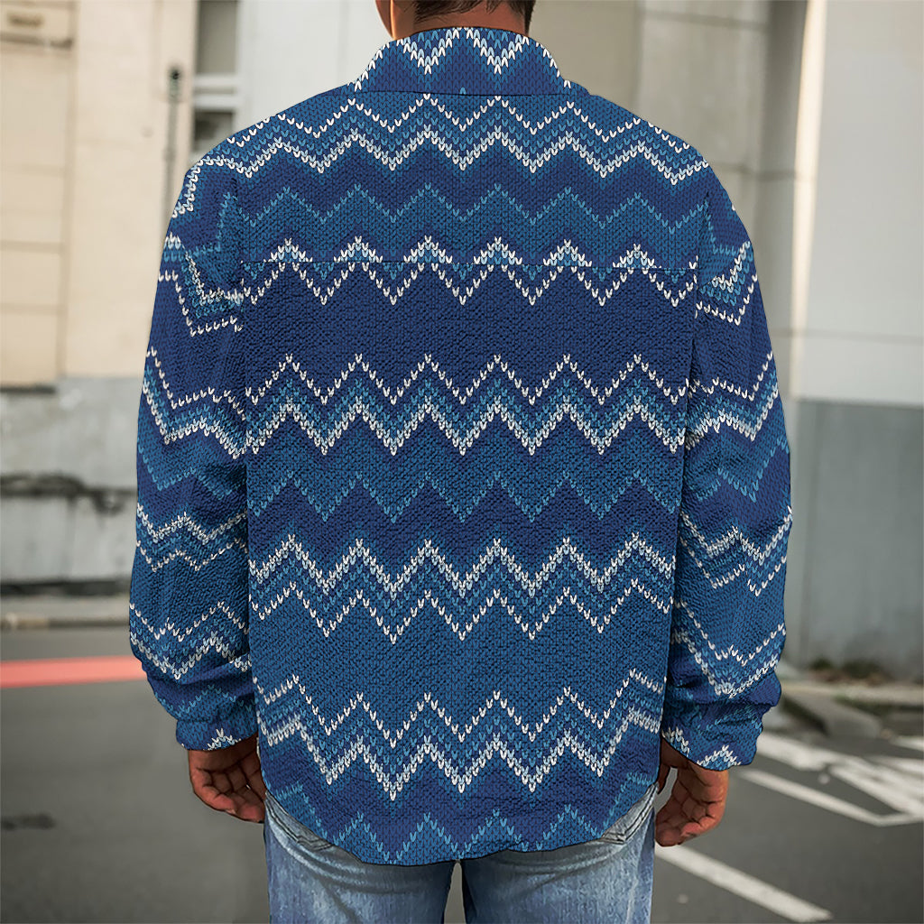 Blue Chevron Knitted Pattern Print Men's Shirt Jacket