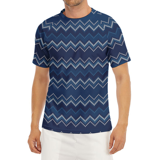 Blue Chevron Knitted Pattern Print Men's Short Sleeve Rash Guard