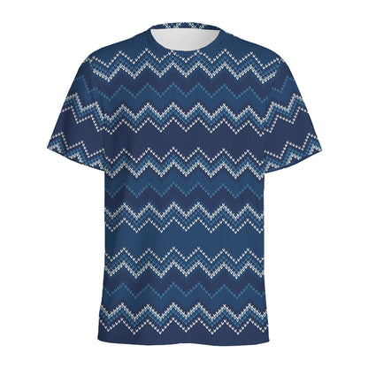 Blue Chevron Knitted Pattern Print Men's Sports T-Shirt