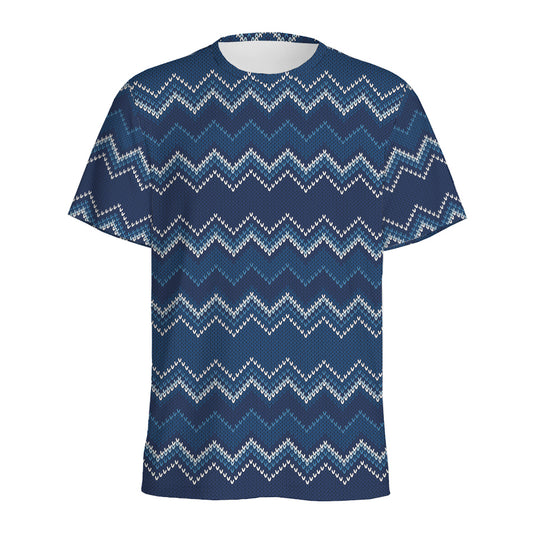 Blue Chevron Knitted Pattern Print Men's Sports T-Shirt