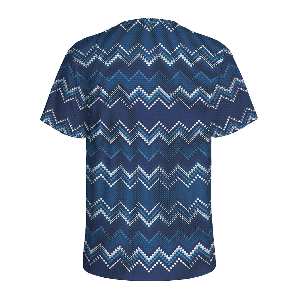 Blue Chevron Knitted Pattern Print Men's Sports T-Shirt