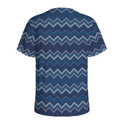 Blue Chevron Knitted Pattern Print Men's Sports T-Shirt