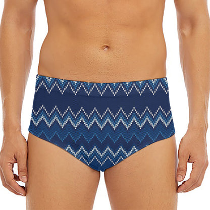 Blue Chevron Knitted Pattern Print Men's Triangle Swim Briefs