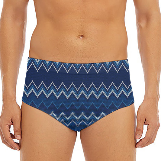 Blue Chevron Knitted Pattern Print Men's Triangle Swim Briefs