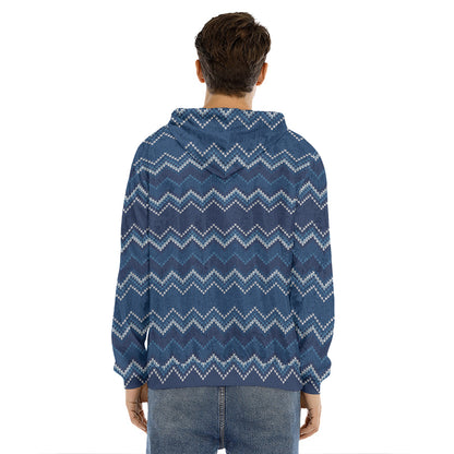 Blue Chevron Knitted Pattern Print Men's Velvet Pullover Hoodie