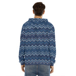 Blue Chevron Knitted Pattern Print Men's Velvet Pullover Hoodie