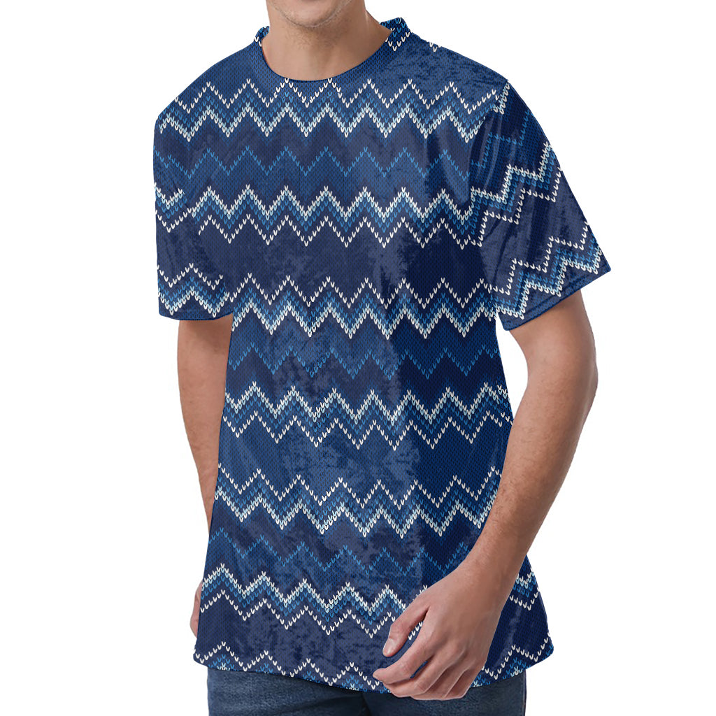 Blue Chevron Knitted Pattern Print Men's Velvet T-Shirt