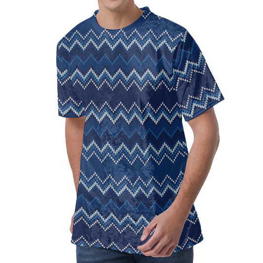 Blue Chevron Knitted Pattern Print Men's Velvet T-Shirt