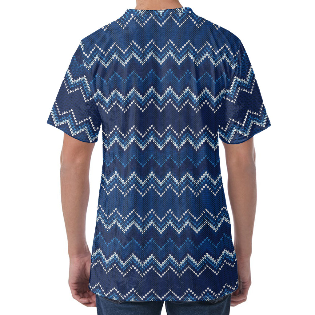 Blue Chevron Knitted Pattern Print Men's Velvet T-Shirt