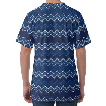 Blue Chevron Knitted Pattern Print Men's Velvet T-Shirt
