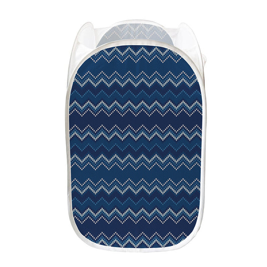 Blue Chevron Knitted Pattern Print Mesh Laundry Hamper