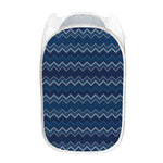Blue Chevron Knitted Pattern Print Mesh Laundry Hamper