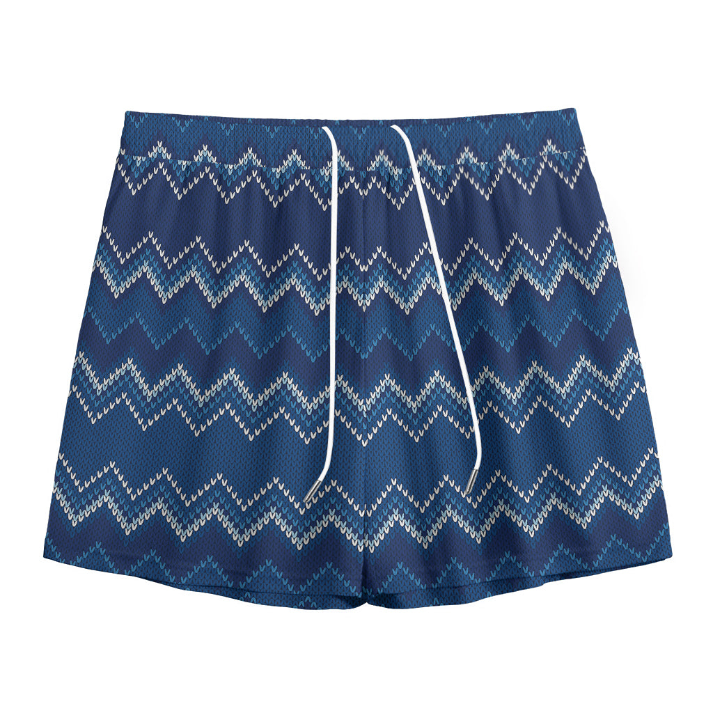 Blue Chevron Knitted Pattern Print Mesh Shorts