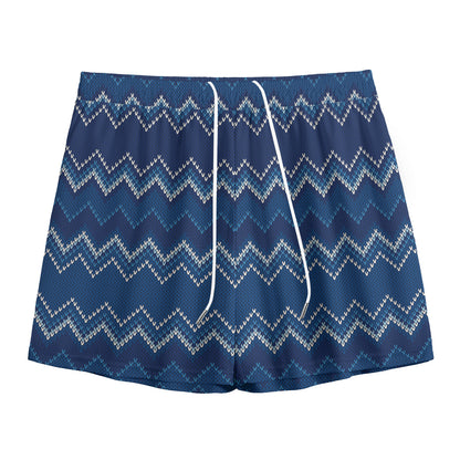 Blue Chevron Knitted Pattern Print Mesh Shorts