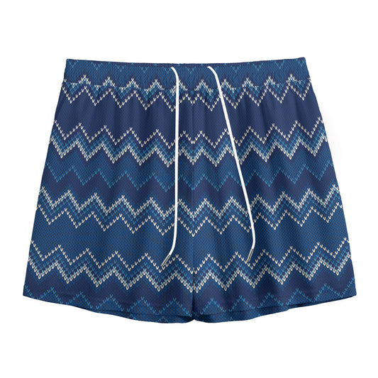 Blue Chevron Knitted Pattern Print Mesh Shorts