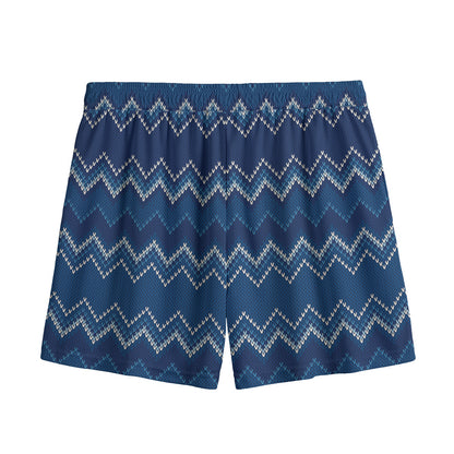 Blue Chevron Knitted Pattern Print Mesh Shorts