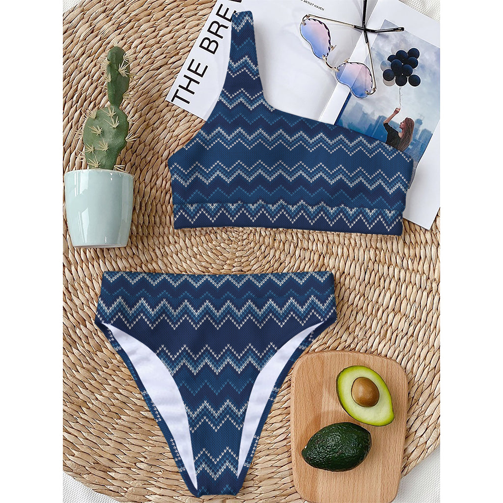 Blue Chevron Knitted Pattern Print One Shoulder Bikini Top