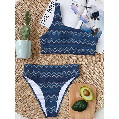 Blue Chevron Knitted Pattern Print One Shoulder Bikini Top