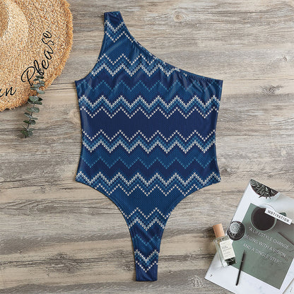 Blue Chevron Knitted Pattern Print One Shoulder Bodysuit