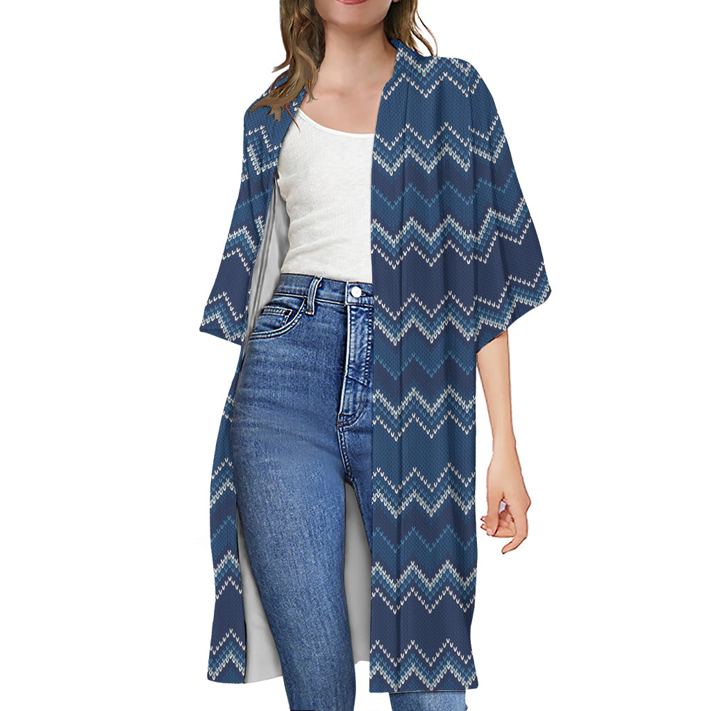 Blue Chevron Knitted Pattern Print Open Front Beach Cover Up