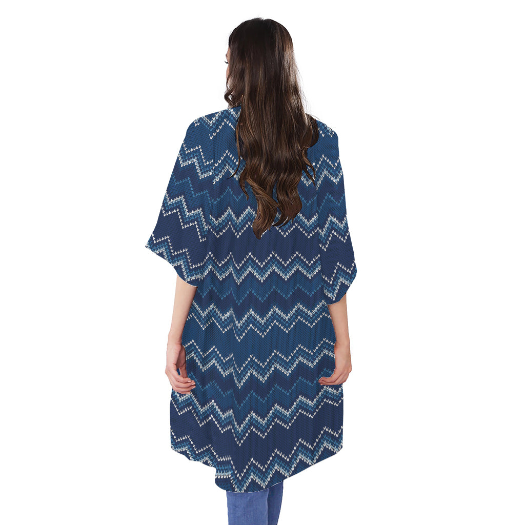 Blue Chevron Knitted Pattern Print Open Front Beach Cover Up