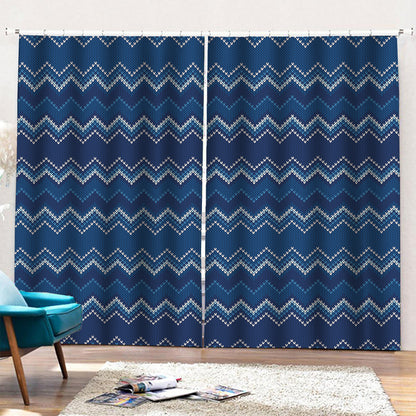 Blue Chevron Knitted Pattern Print Pencil Pleat Curtains
