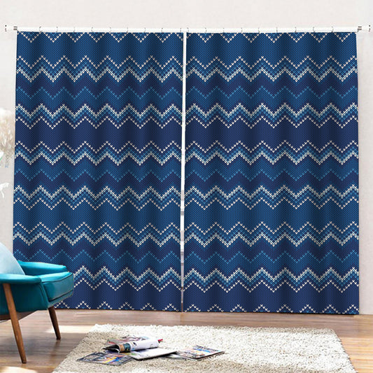Blue Chevron Knitted Pattern Print Pencil Pleat Curtains