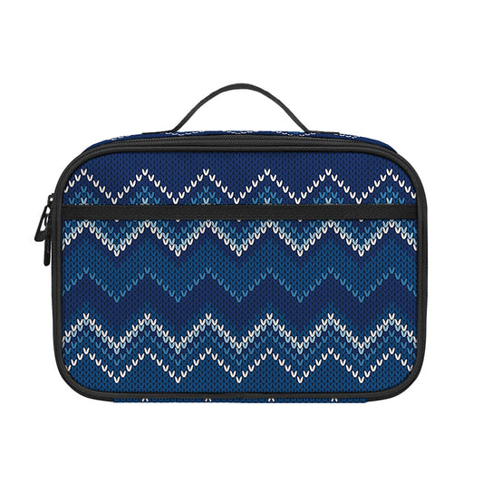 Blue Chevron Knitted Pattern Print Portable Lunch Bag
