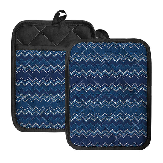 Blue Chevron Knitted Pattern Print Pot Holders With Pocket