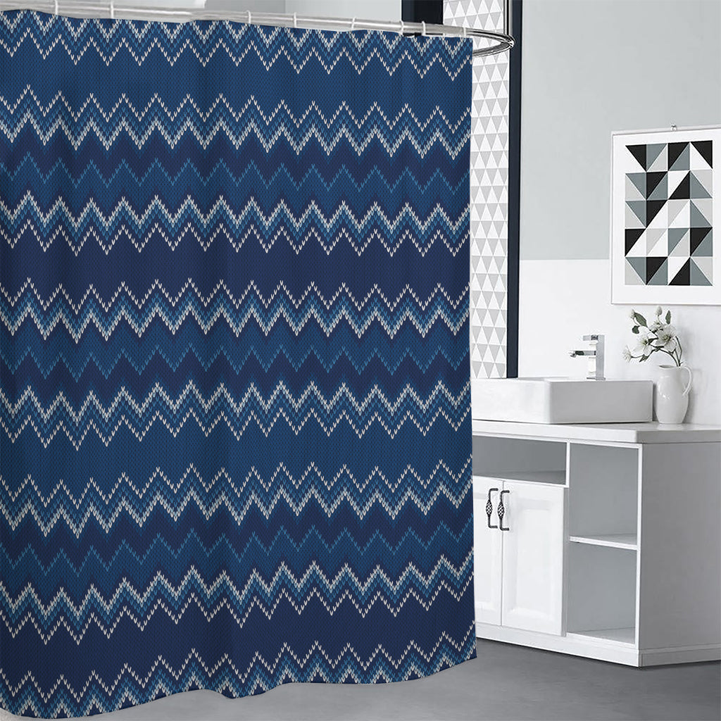 Blue Chevron Knitted Pattern Print Premium Shower Curtain