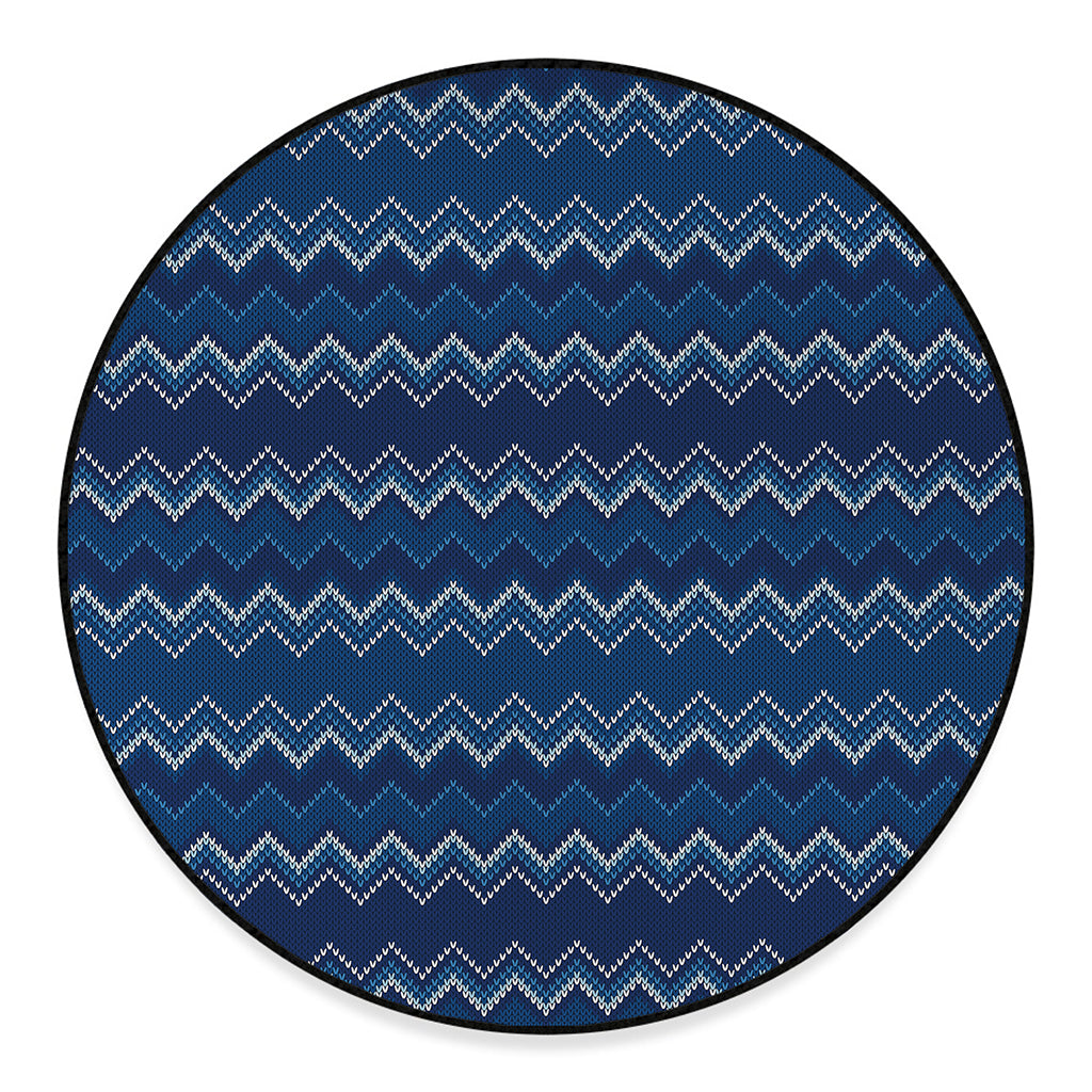 Blue Chevron Knitted Pattern Print Round Floor Mat