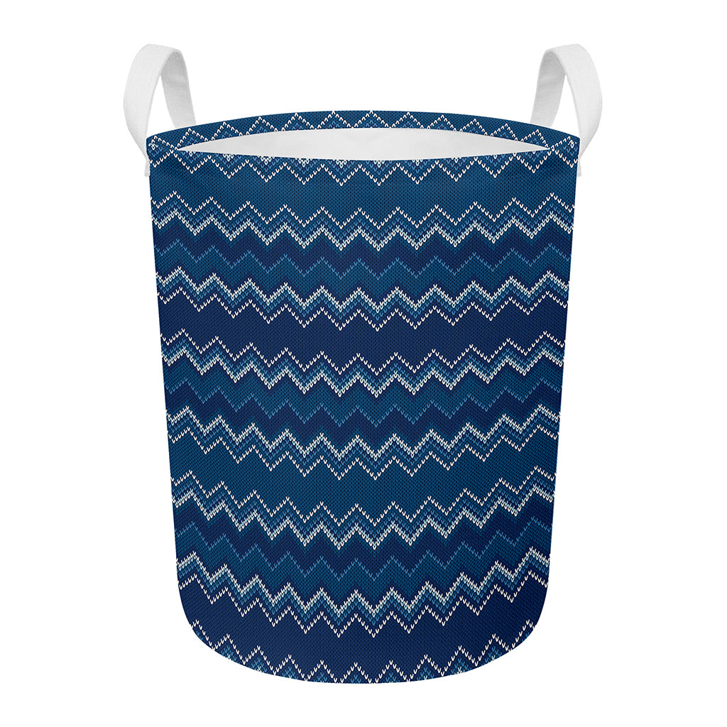 Blue Chevron Knitted Pattern Print Round Laundry Basket