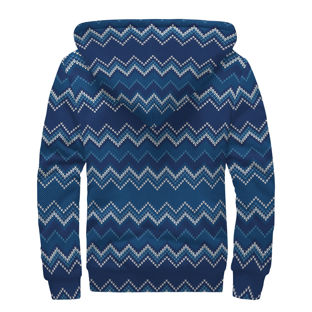 Blue Chevron Knitted Pattern Print Sherpa Lined Zip Up Hoodie