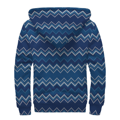 Blue Chevron Knitted Pattern Print Sherpa Lined Zip Up Hoodie
